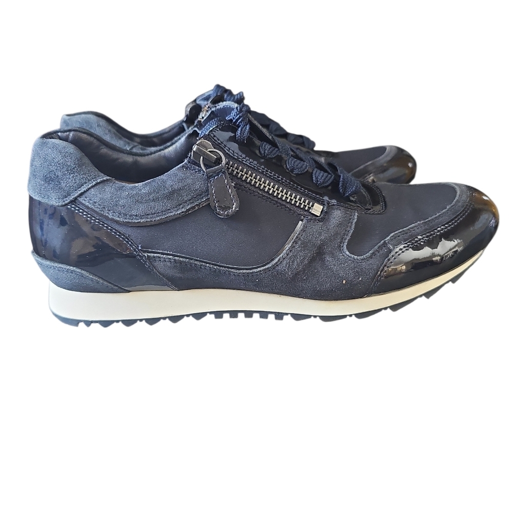Hassia Navy Blue Double Zip And Tie Patent Leather Suede Atheletic Shoes USA Sz8
